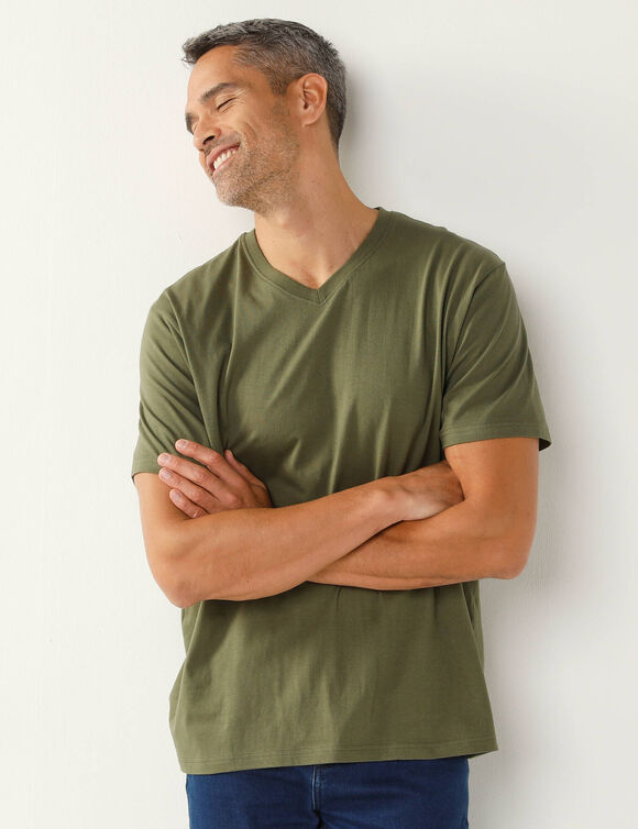 T-shirt met V-hals en korte mouwen - set van 3 (koraal + saliegroen + kaki)