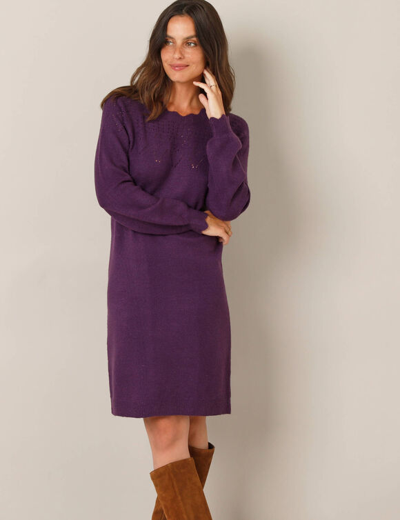 Robe pull finition écailles, maille fantaisie (prune)