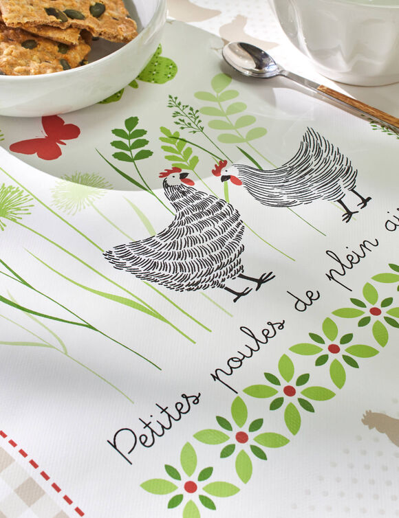 Nappe toile cirée imprimé poules (blanc / vert)