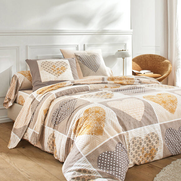 Bedlinnen Lovely in katoen met hartjesprint (beige / karamel)