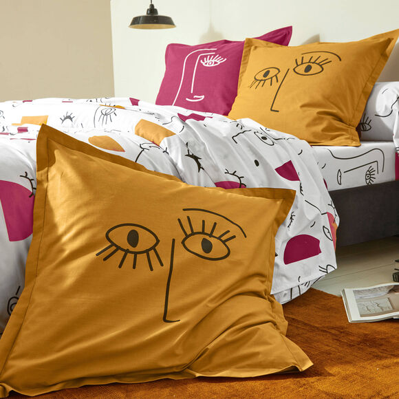 Linge de lit Vitaly coton à motifs visages (blanc)