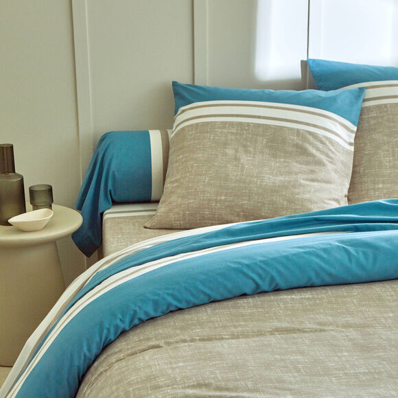 Linge de lit Nathalie coton (bleu grisé / beige)