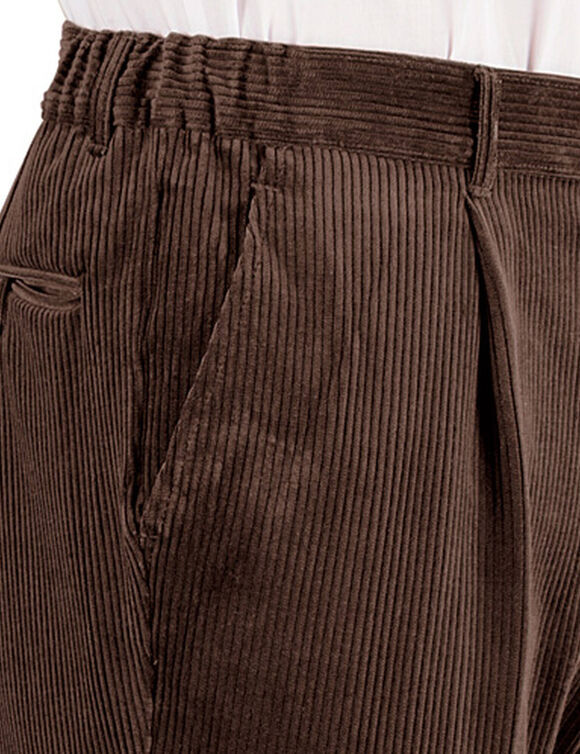 Pantalon ville velours côtelé à pinces, élastiqué côtés (châtaigne)