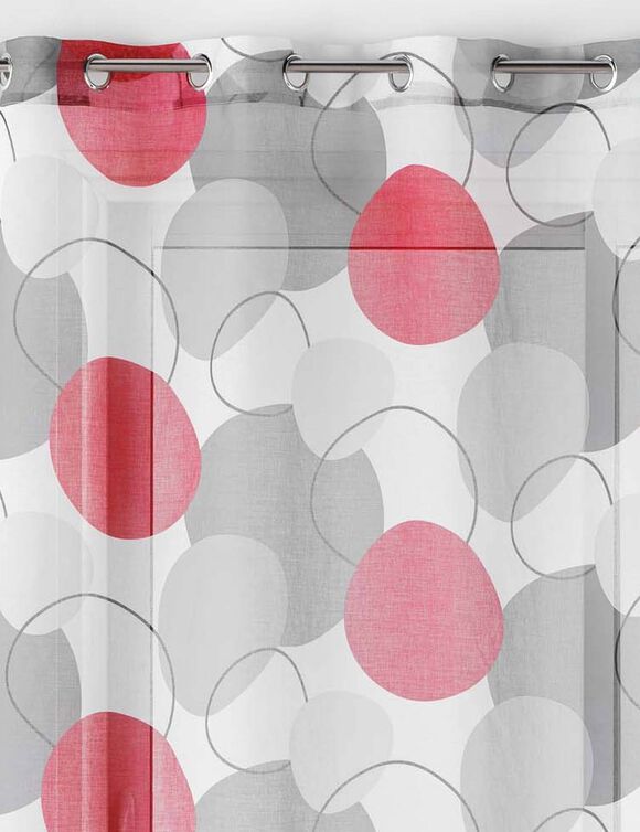 Voilage imprim&eacute; cercles rouges - finition oeillets (gris / rouge)