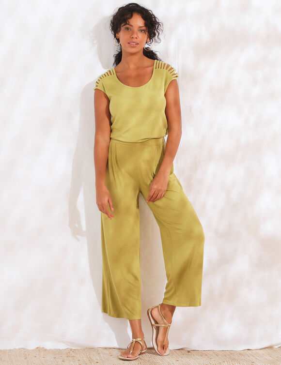 Pantalon large 7/8ème, taille élastiquée, maille unie (vert mousse)