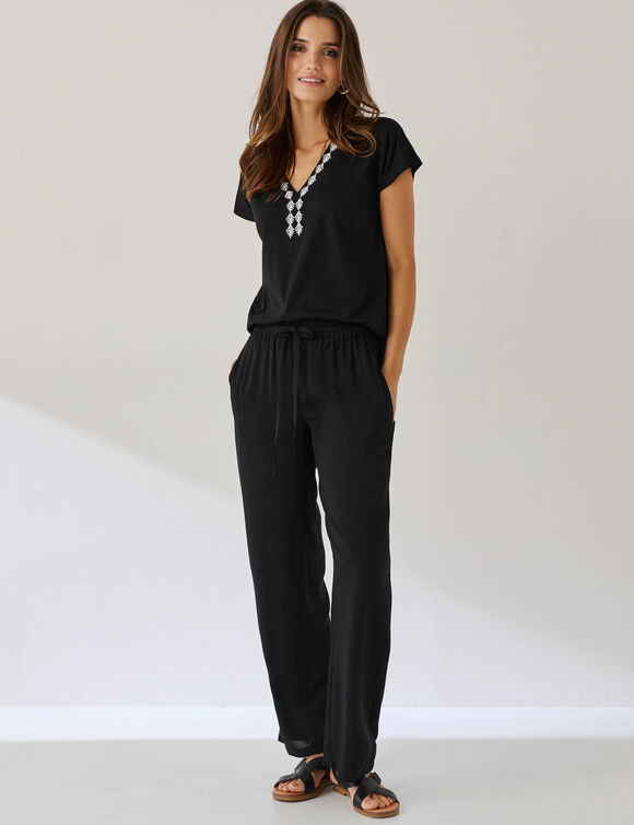 T-shirt brod&eacute; col V fantaisie  (noir / &eacute;cru)