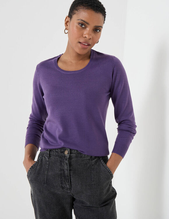 Effen trui met ronde hals en kasjmiertouch (aubergine)