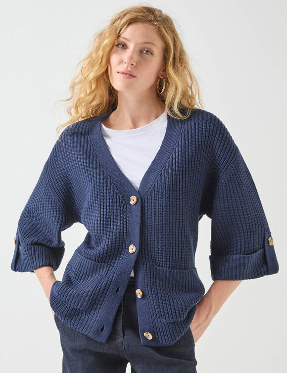 Gilet loose boutonné, manches 7/8ème (marine)