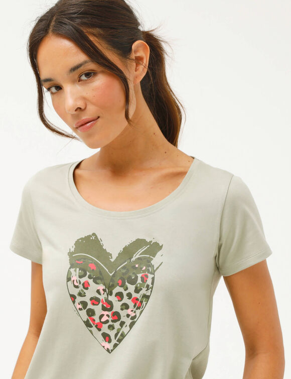 T-shirt manches courtes, imprim&eacute; c&oelig;ur (kaki)