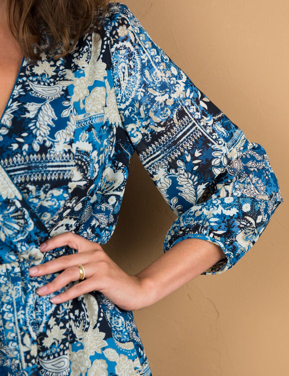 Robe longue cache-coeur manches 7/8, imprimé cachemire (bleu jean)