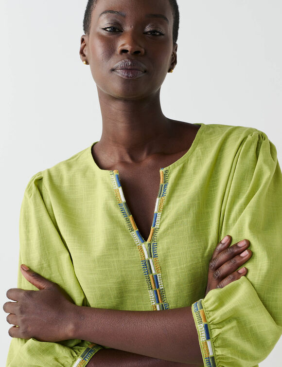Blouse brod&eacute;e en coton unie, manches 3/4 (anis)
