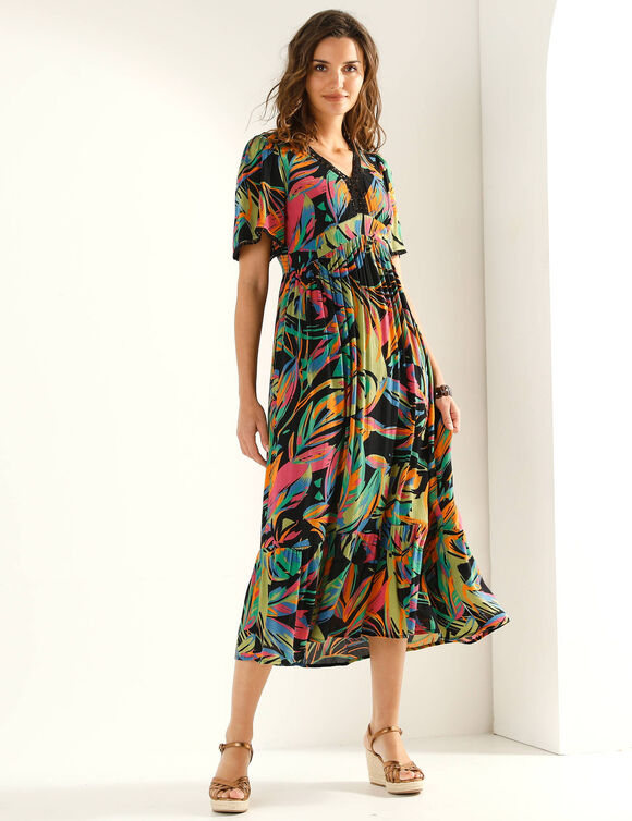 Robe longue macram&eacute;, imprim&eacute; tropical (zwart)