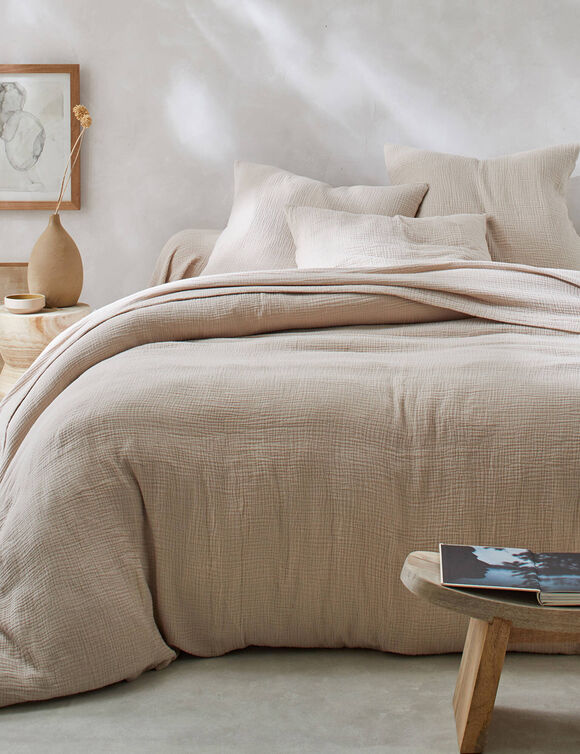 Linge de lit uni en triple gaze de coton (sable)