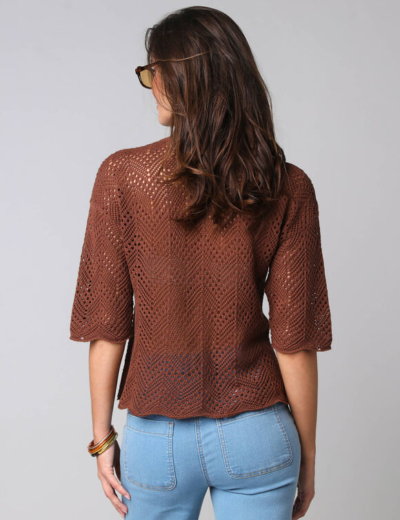 Gilet maille ajour&eacute;e manches coude (marron)