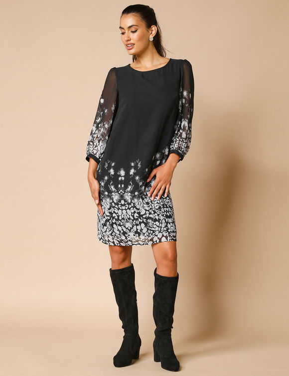 Robe housse, voile imprimé floral (noir / gris)