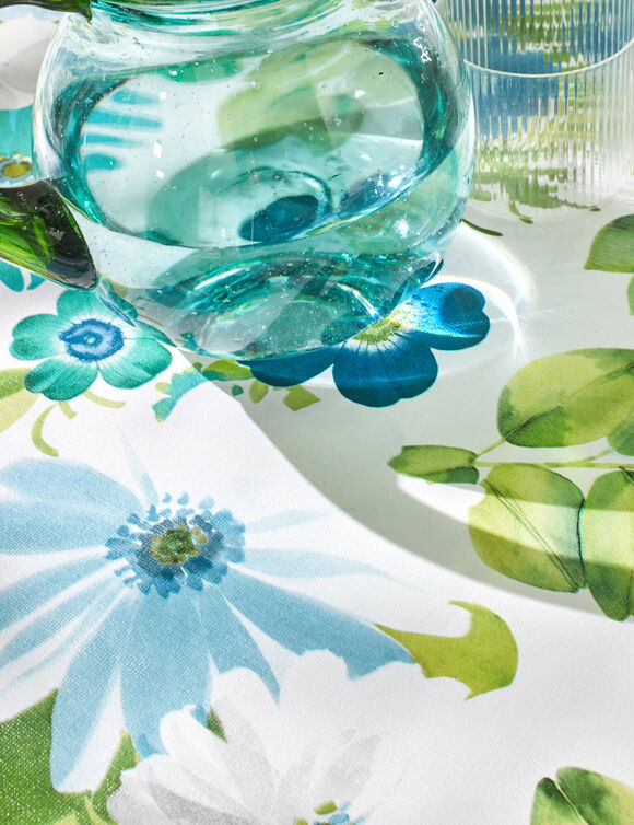 Nappe toile cirée imprimé anémones (blanc / bleu)