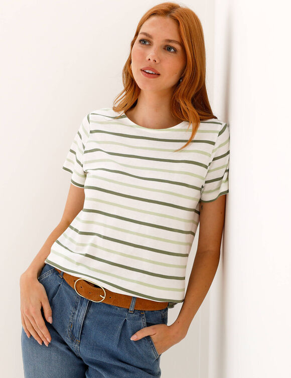 T-shirt ray&eacute; manches courtes, maille jersey (&eacute;cru / vert amande)