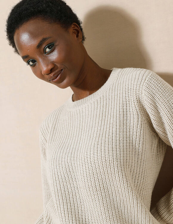 Pull col rond maille anglaise (beige chiné)