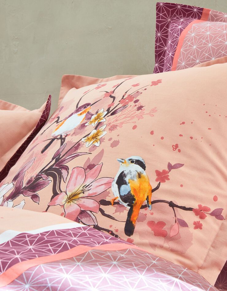 Linge de lit Birdy en coton imprimé oiseaux, corail, hi-res image number 1