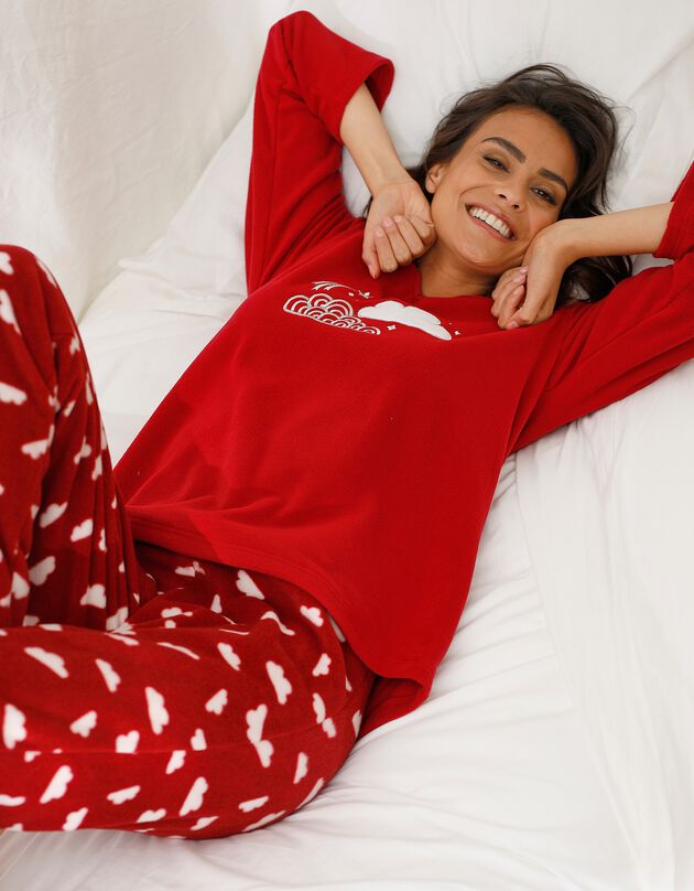 Complete pyjama in fleece met lange mouwen, wolkenprint, bordeaux, hi-res