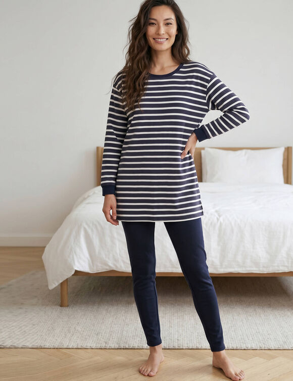 Pyjama molleton ray&eacute; avec legging  (marine / &eacute;cru)
