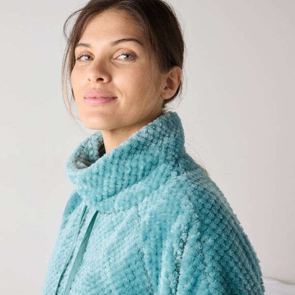 Poncho maille polaire textur&eacute;e, col montant (bleu gris&eacute;)