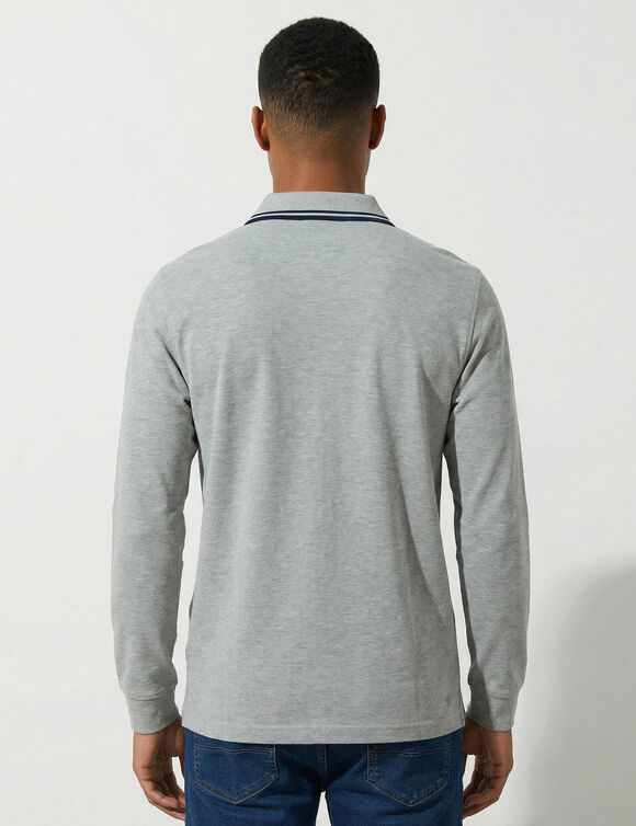 Polo uni maille piqu&eacute;e manches longues (gris chin&eacute;)
