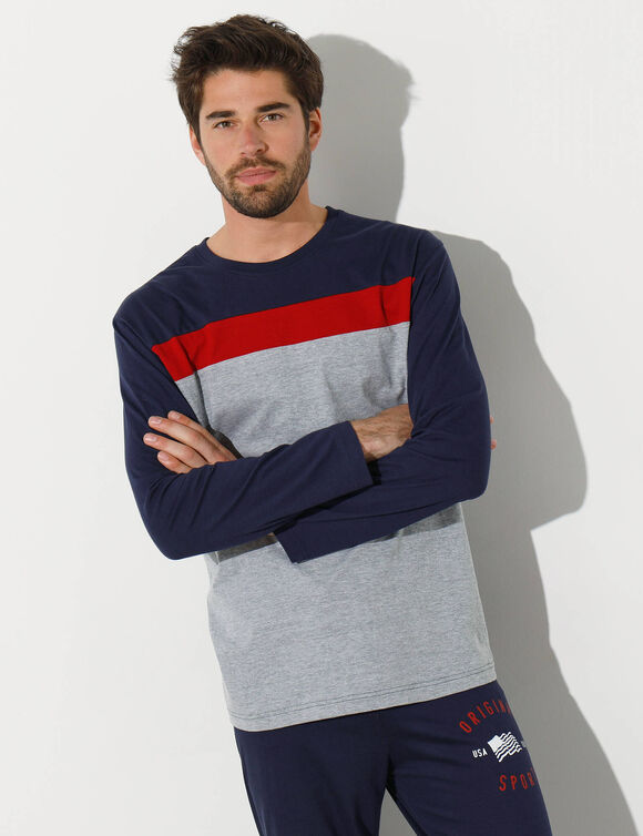 Driekleurig pyjamashirt met lange mouwen (marine / chiné grijs)