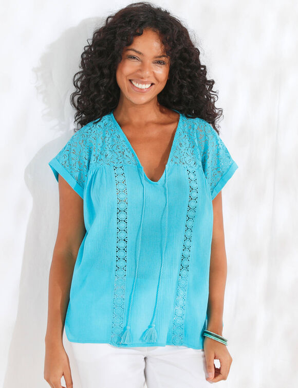 Blouse macramé, crépon coton (bleu turquoise)