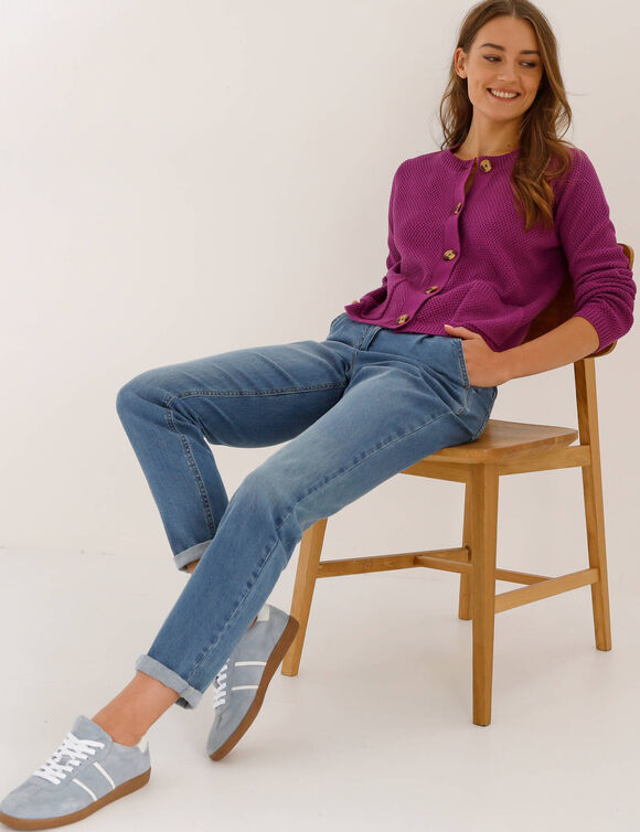 Gilet paletot maille fantaisie, boutons effet corne (violet)