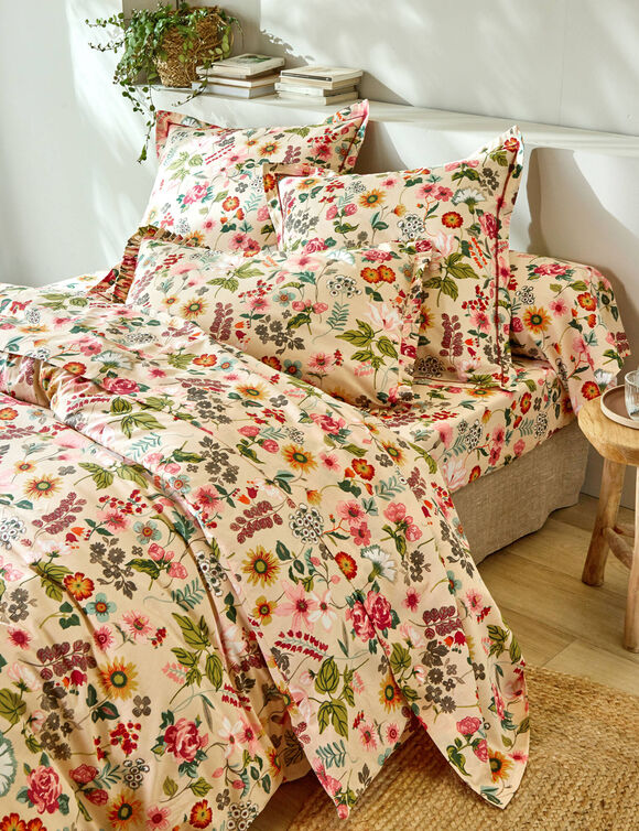 Linge de lit Kelly en coton imprim&eacute; floral (beige)