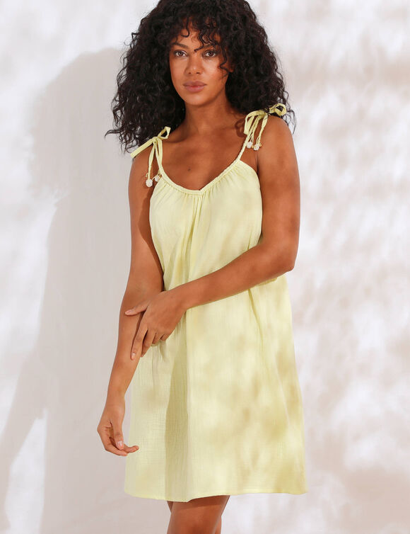 Robe bretelles tressées, gaze de coton (jaune pâle)