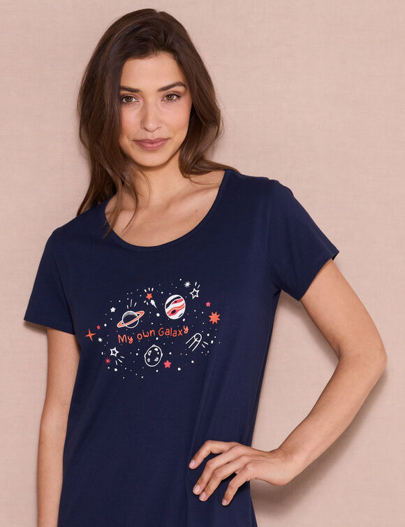 Chemise de nuit longue manches courtes motif &laquo;galaxie&raquo; (marine)
