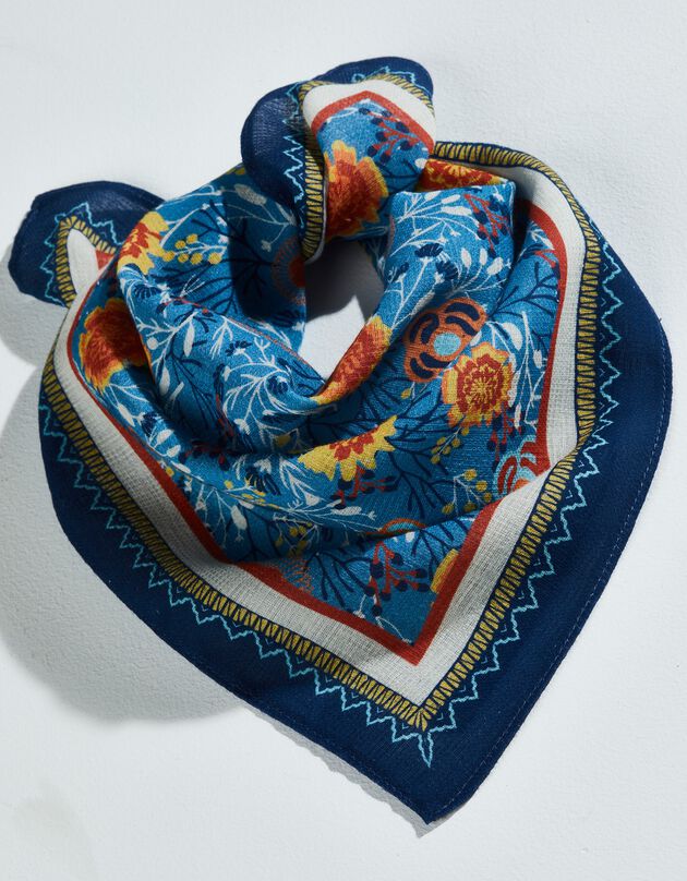 Foulard fabriqué en France imprimé fleurs, 48x48 cm - coton biologique(1) (bleu)