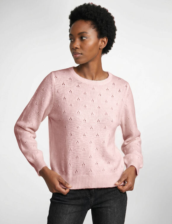 Pull col rond, maille pointelle toucher doux (rose poudr&eacute;)
