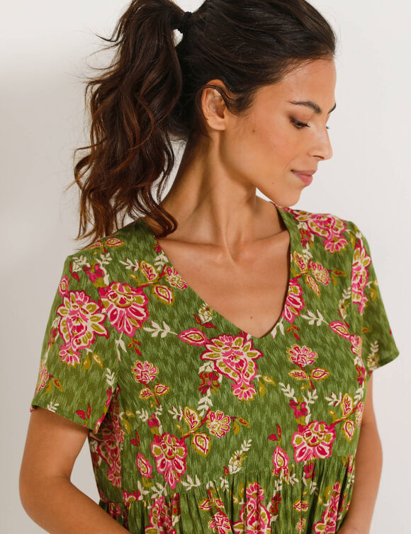 Robe courte col V imprim&eacute; fleuri, cr&eacute;pon (kaki / roze)