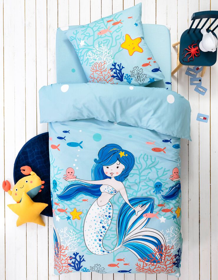 Linge de lit enfant à motifs sirènes Doris 1 personne - coton (lagon)