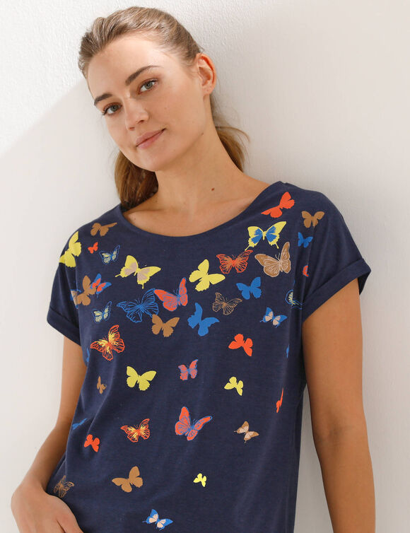 T-shirt boite, imprim&eacute; papillons (marine)