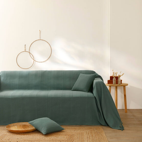   Plaid ou jeté uni coton tissage artisanal (vert grisé)