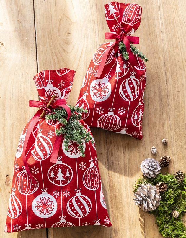 Tasje in stof, om kerstgeschenken in te pakken - set van 2, verantwoorde aankoop, BOULES DE NOEL Tasje in stof, om kerstgeschenken in te pakken - set van 2, verantwoorde aankoop, BOULES DE NOEL , hi-res