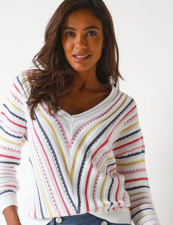 Pull V maille fantaisie, rayures graphiques (blanc / multicolore)