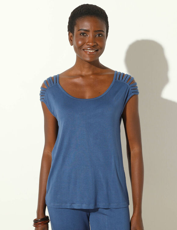 T-shirt maille unie, laçage épaules (bleu indigo)