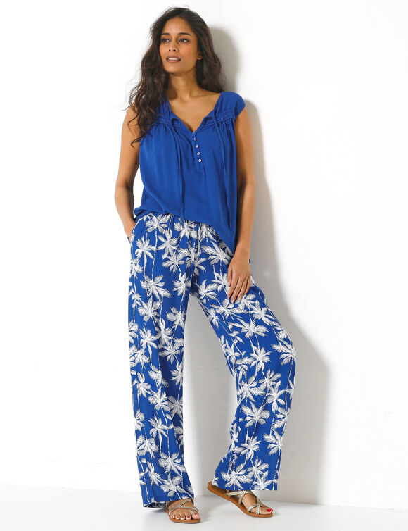 Tunique unie sans manches, cr&eacute;pon et macram&eacute; (bleu dur)