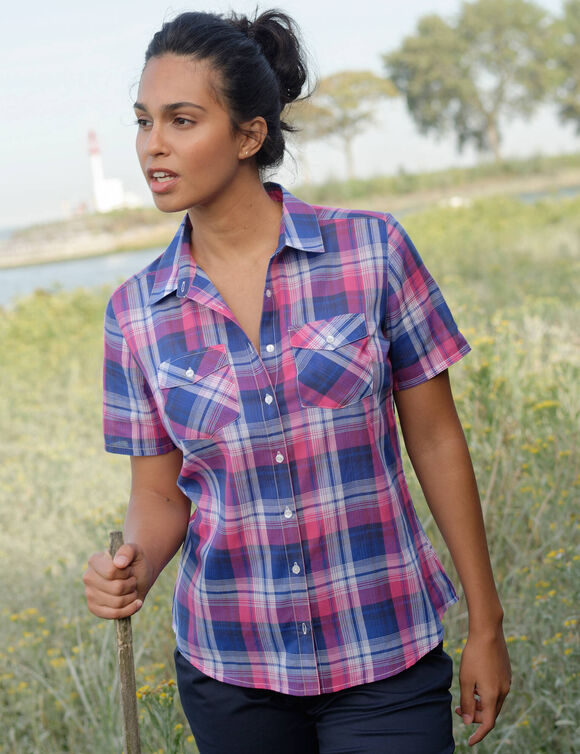 Chemisier manches courtes &agrave; carreaux (bleu / rose)
