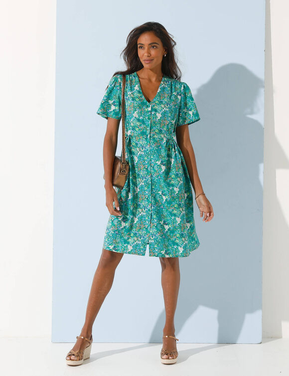 Robe boutonnée manches "papillon" imprimée (vert / bleu)