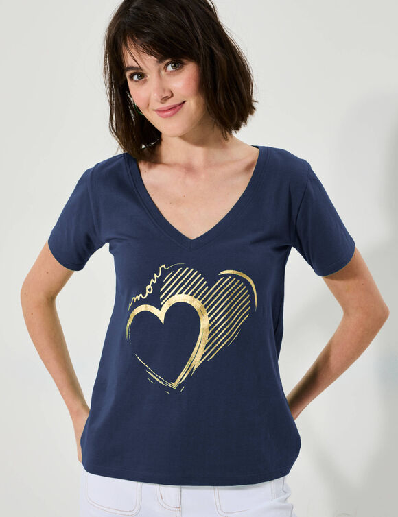 T-shirt col V imprimé doré (marine)