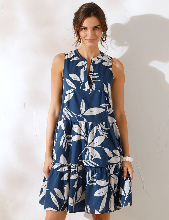 Robe courte imprim&eacute;e sans manches (bleu / &eacute;cru)