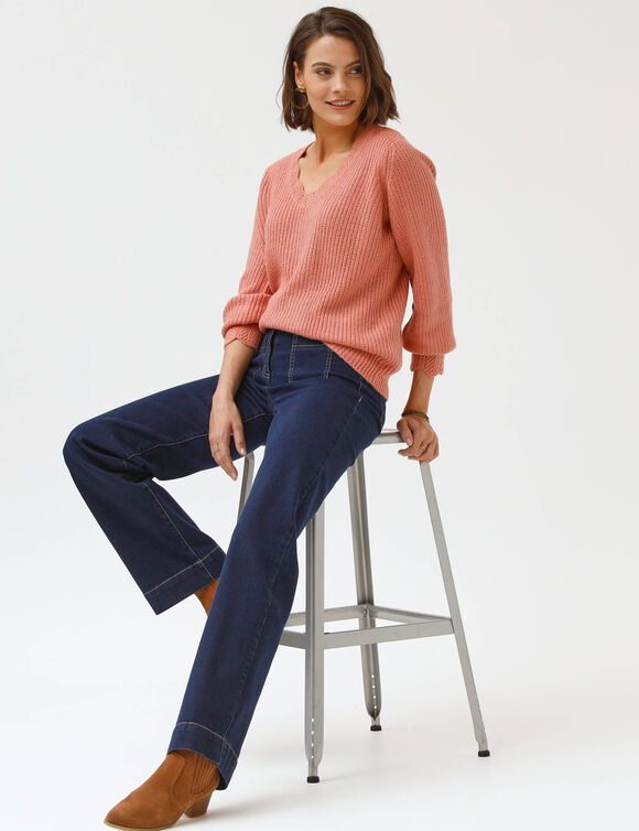 Pull col V, maille anglaise (bois de rose)