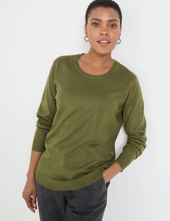 Pull col rond uni, manches longues, toucher doux (kaki)