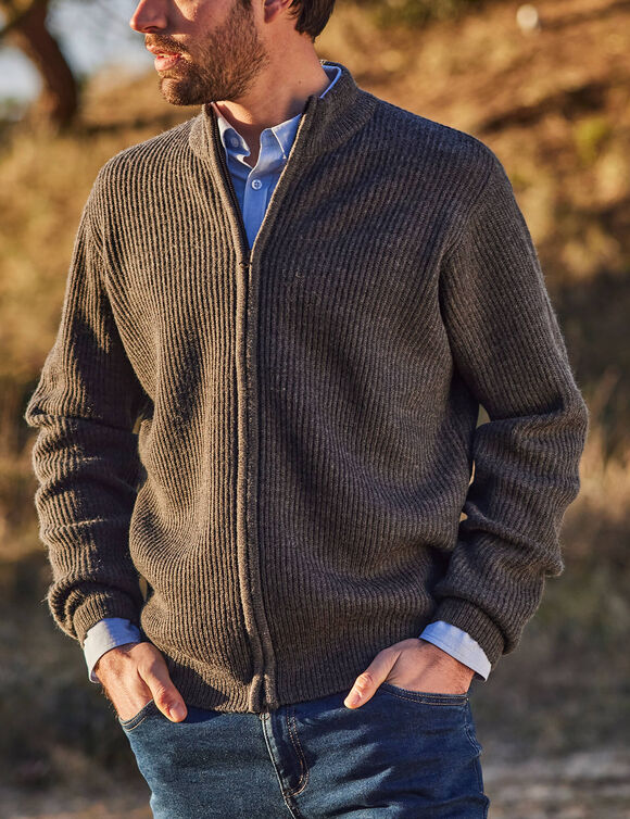 Gilet zipp&eacute; c&ocirc;te anglaise 30% laine (gris anthracite)